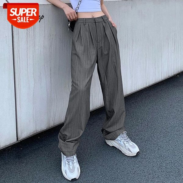 

weekeep striped print streetwear loose pants women fashion high waisted button fly straight trousers work office lady suit pants #fi1p, Black;white