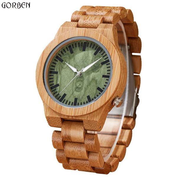 

wristwatches full bamboo wood watch men analog natural wooden watches male quartz movement green dial clock relogio masculino, Slivery;brown