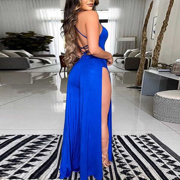 

2021 new sleeveless halter high slit jumpsuit party club workwear y1006, Black;gray