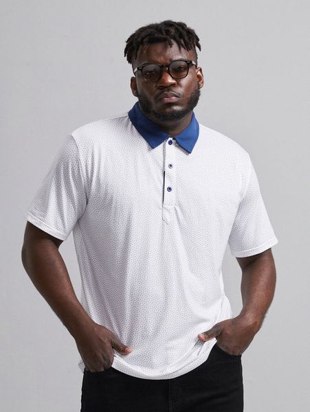 

extended sizes men polka dot contrast collar polo shirt v7on#, White;black