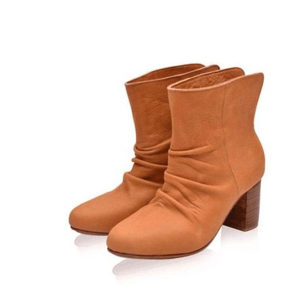 

winter boots women leather ankle pleated women's short cork heel high-heeled old style western simple without lace-up party wedding, Black