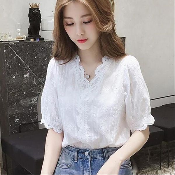 

019 new lace hollow out sweet loose white womens v neck blouse half sleeves solid blouse shirt