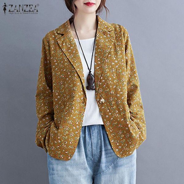 

zanzea floral print women's jackets 2021 autumn cotton loose outwears casual female long sleeve suit jackets coats oversize 5xl, Black;brown