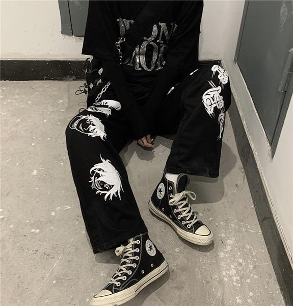 

harajuku vintage trousers loose womens capris japanese printing high waist straight sports and leisure wide leg street pants women black, Black;white