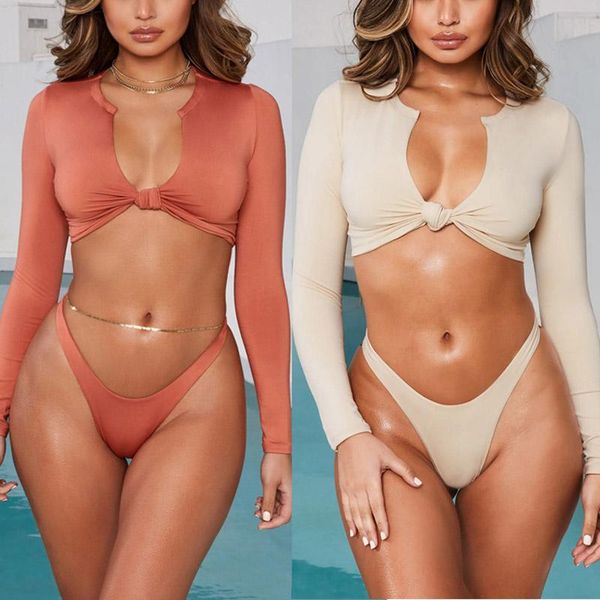 

long sleeve bikinis swimwear women swimsuit thong bottoms v neck bathing suit women two piece high waisted brazilian bikini