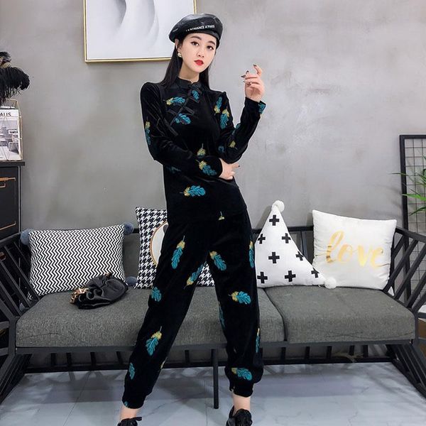 

women's two piece pants vintage gold velvet outfits loose black feather embroidery women pullover trouser plus size casual fashion 2pc, White