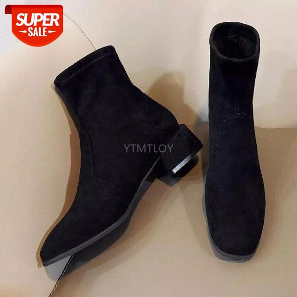 

women spring and autumn black boots winter plus velvet square toe flock thick heel suede ankle square heel botas altas mujer #4d6n
