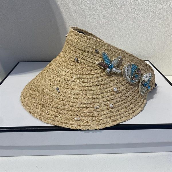 

luxury pearl women bow-knot headband hat raffia visor caps for girls beach hats braided fashion cap lady straw sun hat 2021, Blue;gray