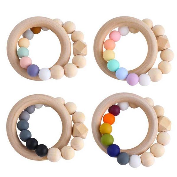 

ootdty bpa wooden ring baby teether rainbow silicone beads bracelets newborn teething toys rodent molar