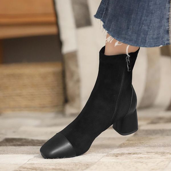 

boots women square head ankle for short plush winter shoes botas mujer 34-45, Black