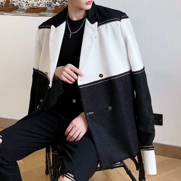 

2021 new men vintage casual black white stitching color jacket male streetwear fashion lovers suit coat outerwear homens blazer lbn9, White;black