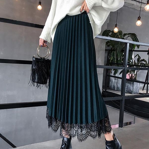 

2021 new pleated high waist women skirt solid colors pleated skirts elegant skirts lace elastic mesh skirt womens #t2g, Black