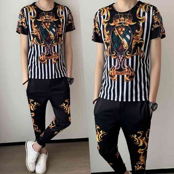 

luxury retro print men tracksuits 2 piece set short sleeve tshirt pants streetwear sports suit casual clothes plus size -5xl 210527, Gray