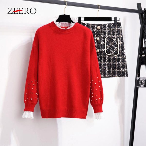 

women's sweaters knit sweater 2 pieces set 2021 lace stitching shirt wind + sigle button tweed skirt suit, White;black