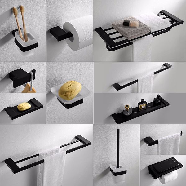 

2021 new accessory towel rack corner shelf paper holder,toilet brush holder,matt black stainless steel bathroom hardware set 7xxt