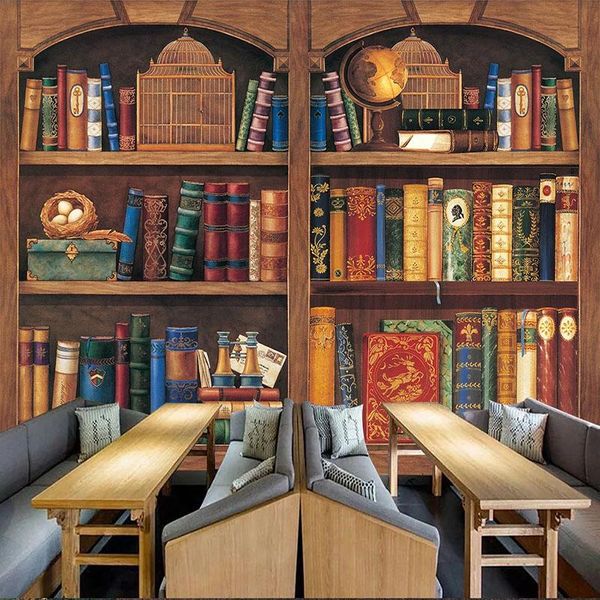 

wallpapers murals library bookstore study backdrop wall sticker pvc wallpaperscustom wallpaper european style retro bookshelf wooden frame