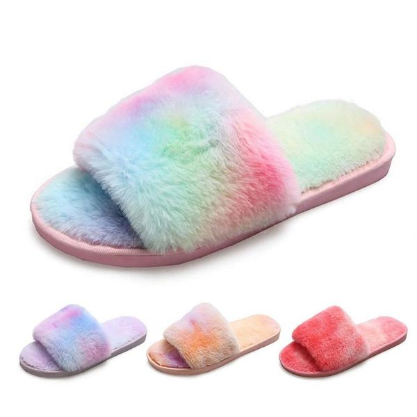 

slippers soft plush fluffy slip-proof open toe house for ladies indoor home furry women shoes bedroom, Black