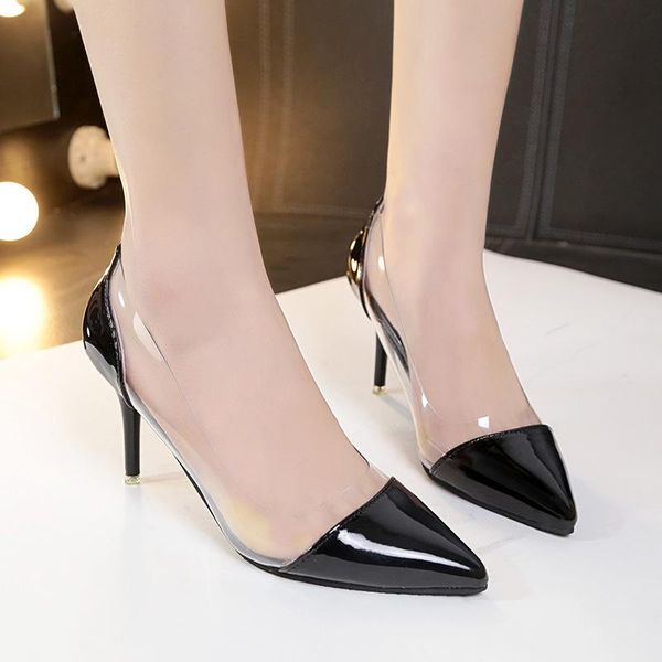 

2021 summer european and american high-heeled transparent pointed shallow mouth thin heel crystal women 's fashion shoes, Black