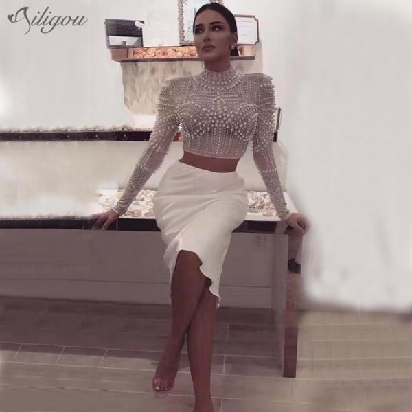 

two piece dress ailigou 2021 summer women's 2-piece two-piece mesh beaded + pencil skirt female bandage celebrity party set, White