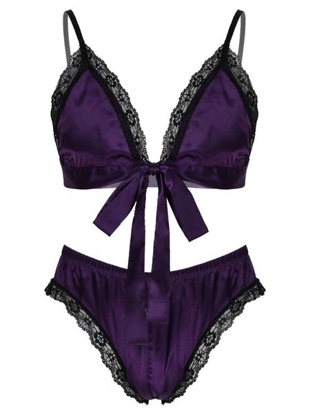 

one-piece suits mens two-piece satin pajama set lace trim outfit adjustable shoulder straps lace-up bra with briefs lingerie sissy night