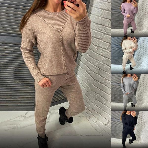 

women's two piece pants cashmere knitted sets women 2021 loose round neck sweater & carrot pant 2 pieces female outfit tracksuits harem, White