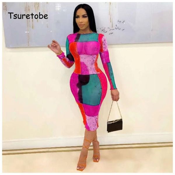 

casual dresses tsuretobe mesh print dress women fashion skinny color contrast one piece 2021 summer long sleeve round neck, Black;gray