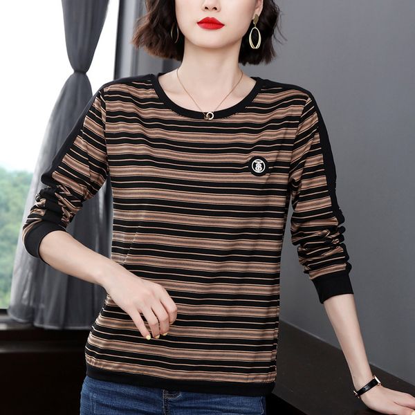

women's t shirt cotton striped long sleeve t-shirt spring and autumn 2021 loose casual 's belly covering women's cloth, White