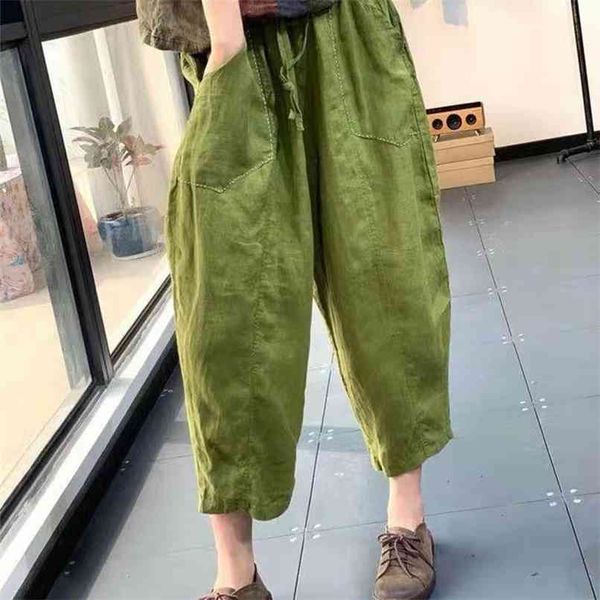 

arrival summer arts style women loose casual elastic waist harem pants all-matched cotton linen ankle-length w117 210915, Black;white