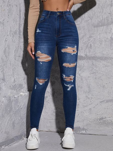 

bleach wash ripped frayed skinny jeans h1vv#, Blue