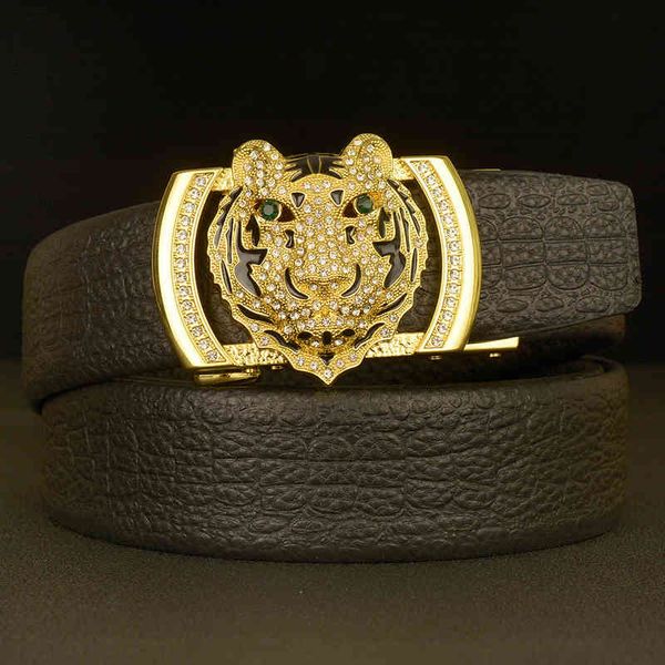 

belts leisure leather men's tiger zodiac diamond inlaid automatic buckle crocodile personalized business, Black;brown
