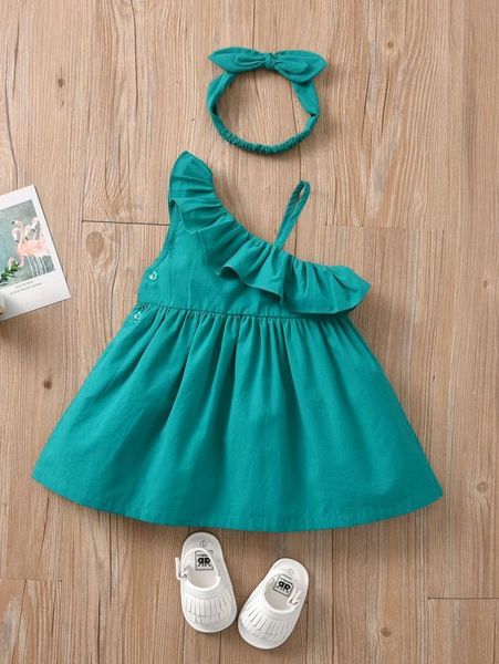 

baby asymmetrical neck flounce trim 1 smock dress & 1 headband she, Red;yellow