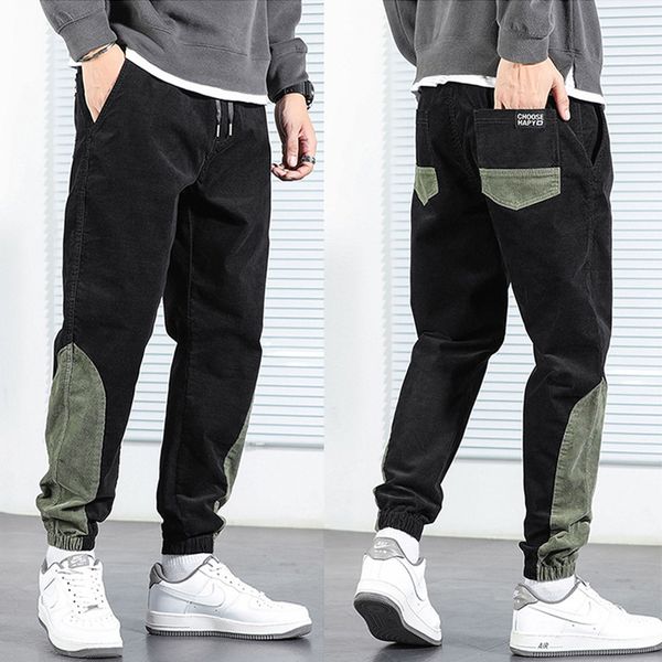 

2021 new autumn newly fashion men jeans spliced designer casual corduroy cargo pants overalls streetwear hip hop jogger wide leg trousers md, Blue