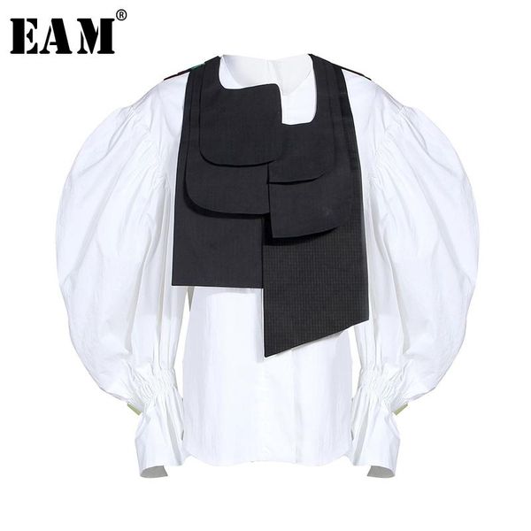 

women's blouses & shirts [eam] women blouse round collar long lantern sleeve loose fit button irregular shirt fashion tide spring autum, White