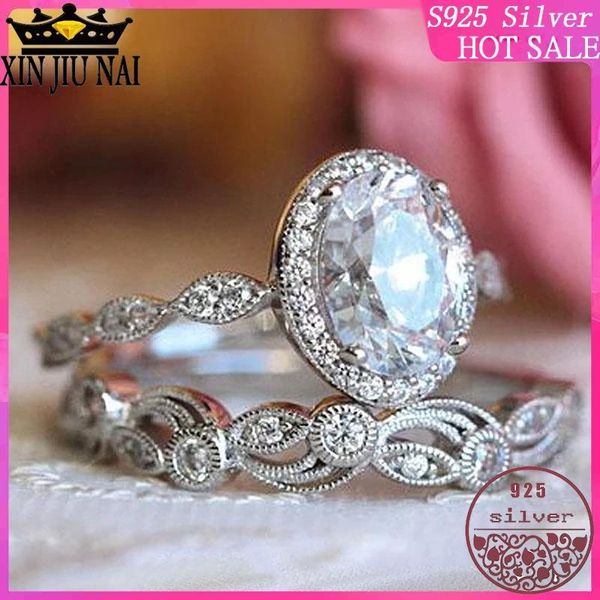 

cluster rings 100% s925 sterling silver sweet and romantic two-piece lovers pattern oval diamond ring brilliant luxury women jewelry, Golden;silver