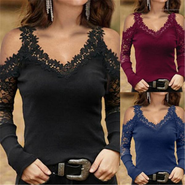 

womens sling v-neck t-shirts fashion trend lace mesh long sleeve solid colors skinny tees female spring casual slim bottoming tshirt, White