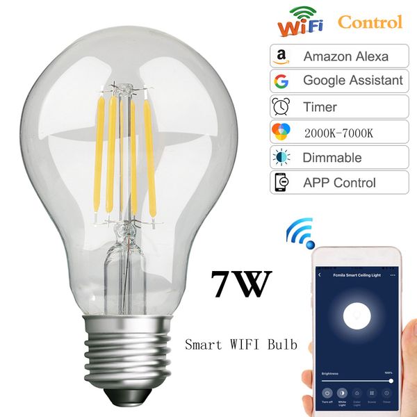 Светодиодная Wi -Fi Smart Baclb Edison Retro Wungsten Lamp Lamp E27 Light работает с Amazon Alexa Google Home Voice Control Diammable Lamp