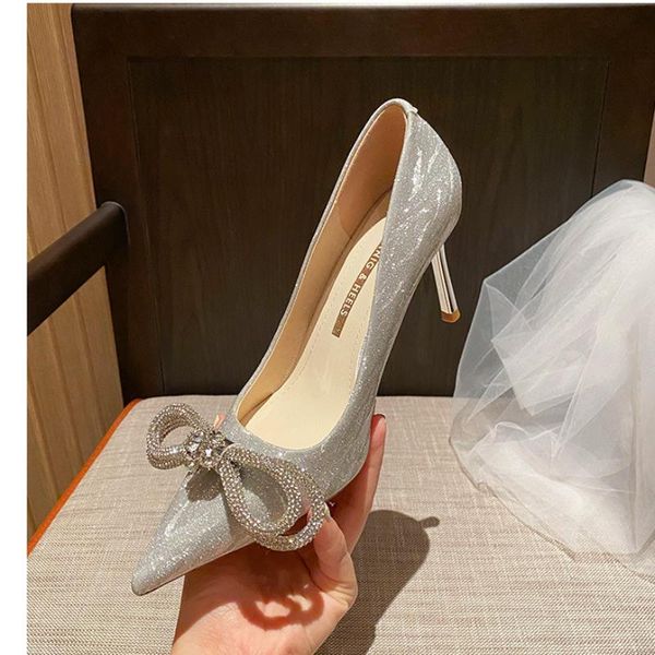 

dress shoes luxury women pumps 2021 bow high heels pointed toe slip-on wedding party brand fashion for lady small size 31, Black