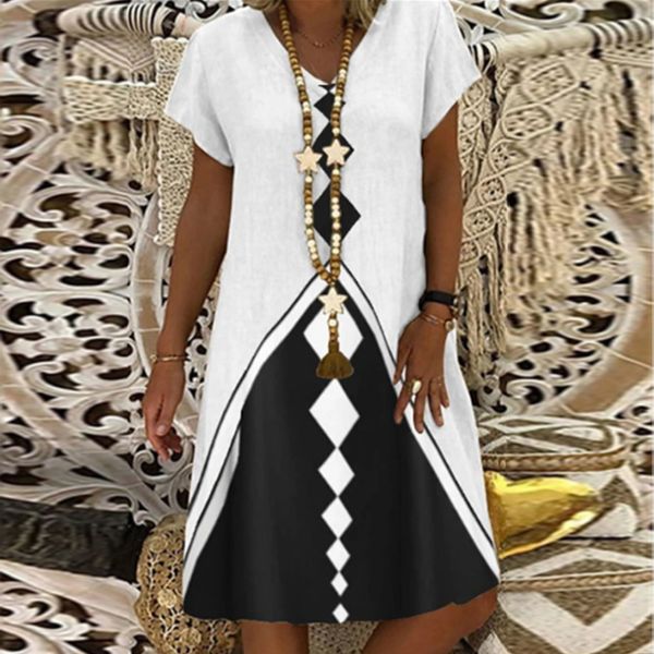 

women dress summer fashion casual v neck floral print loose short sleeve plus size white ladies dress for 2021 women, Black;gray