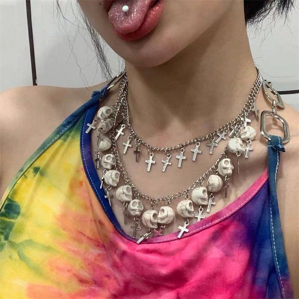 

chains punk european and american style cross white skull chain silver double layer ladies necklace wholesale