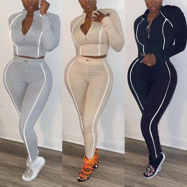 

reflective stripe two pieces womens pants sets tracksuits fashion zipper long sleeve crop high waist slim sweatpants female set, White