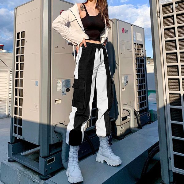 

2021 new women cargo pants sweatpants harajuku high waist patchwork baggy casual street hip hop sport trousers clothing joggers, Black