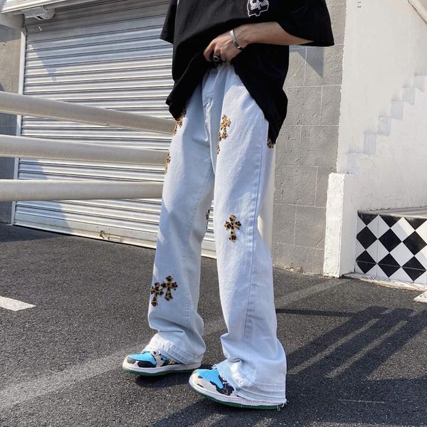 

men's jeans hip hop cross embroidery and printing straight tube micro flared pants baggy wide leg for men personalized trousers chic, Blue