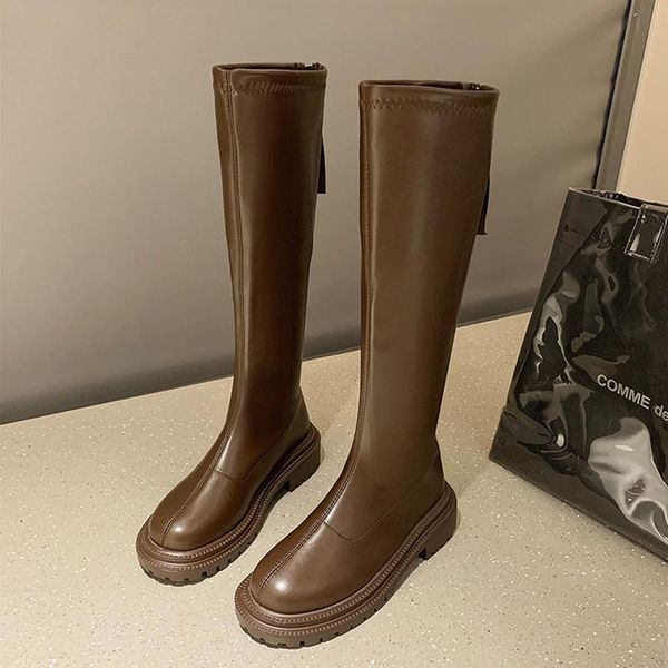 

boots 2021 casual women beige brown low heels knee thigh high soft leather platform cowboy winter designer punk, Black
