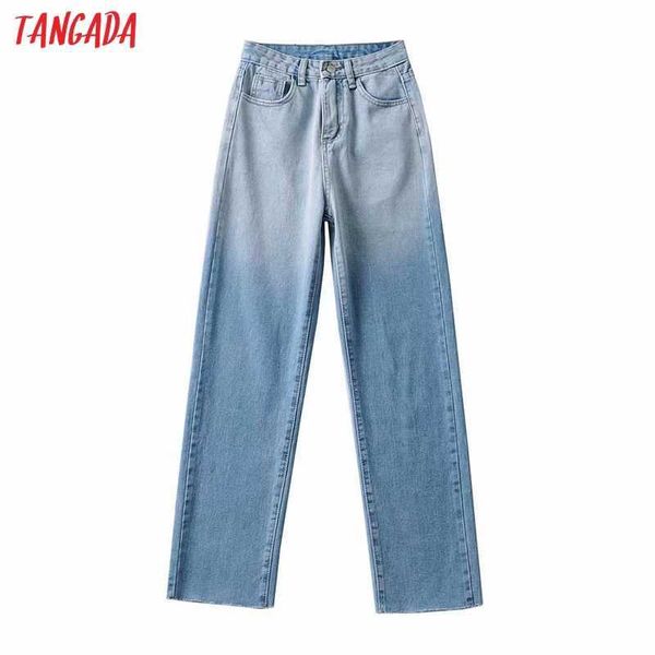 

tangada fashion women gradient jeans pants long trousers high waist pockets buttons female pants fe13 210609, Blue