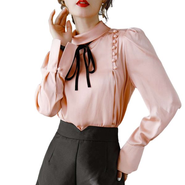 

100% natural silk women's runway shirt stand collar long sleeves buttons detailing lace up elegant blouse, White