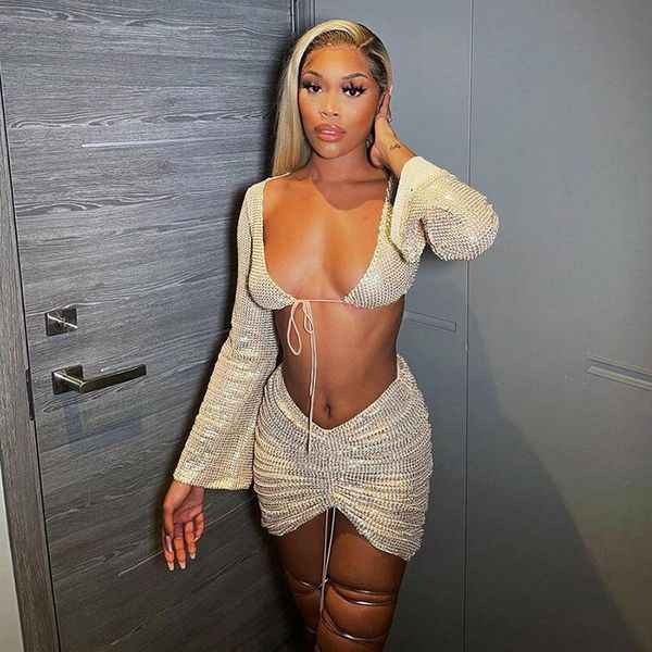 

casual dresses 2021 shiny sequins party dress women outfits long sleeve pleated cropped summer vestidos two piece, Black;gray