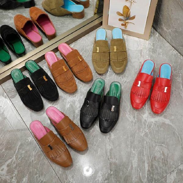 

designer slippers blossom mules women loafers leather high heels kelly metal chain genuine velvet calfskin outdoor slipper, Black