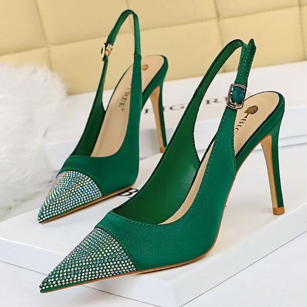 

sandals 2021 women 9.5cm high heels size 43 crystal wedding bridal scarpins satin silk fetish stiletto pumps green party shoes, Black