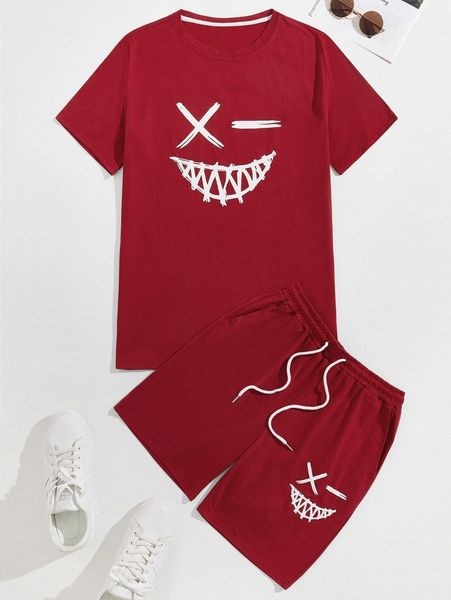 

men graphic print tee with track shorts 75xh#, Gray