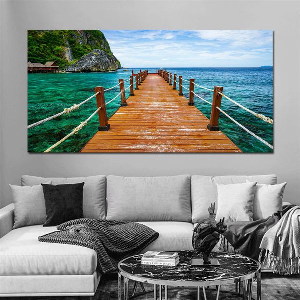 Cartazes de ponte de madeira velha pintura em tela imagens de arte de parede para sala de estar mar lago cenário imprime céu pôr do sol decoração de casa moderna